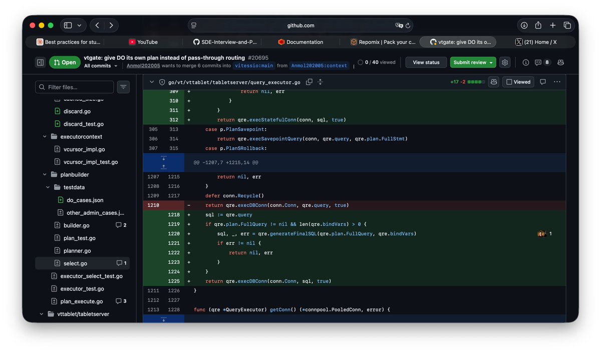 JavAnmol's tweet photo. First PR to @vitessio 🚀

DO statements were being shipped raw to one arbitrary shard, quietly breaking locking functions and subqueries. This gives DO its own plan node and routes it like the equivalent SELECT. https://t.co/tq0gnymznx