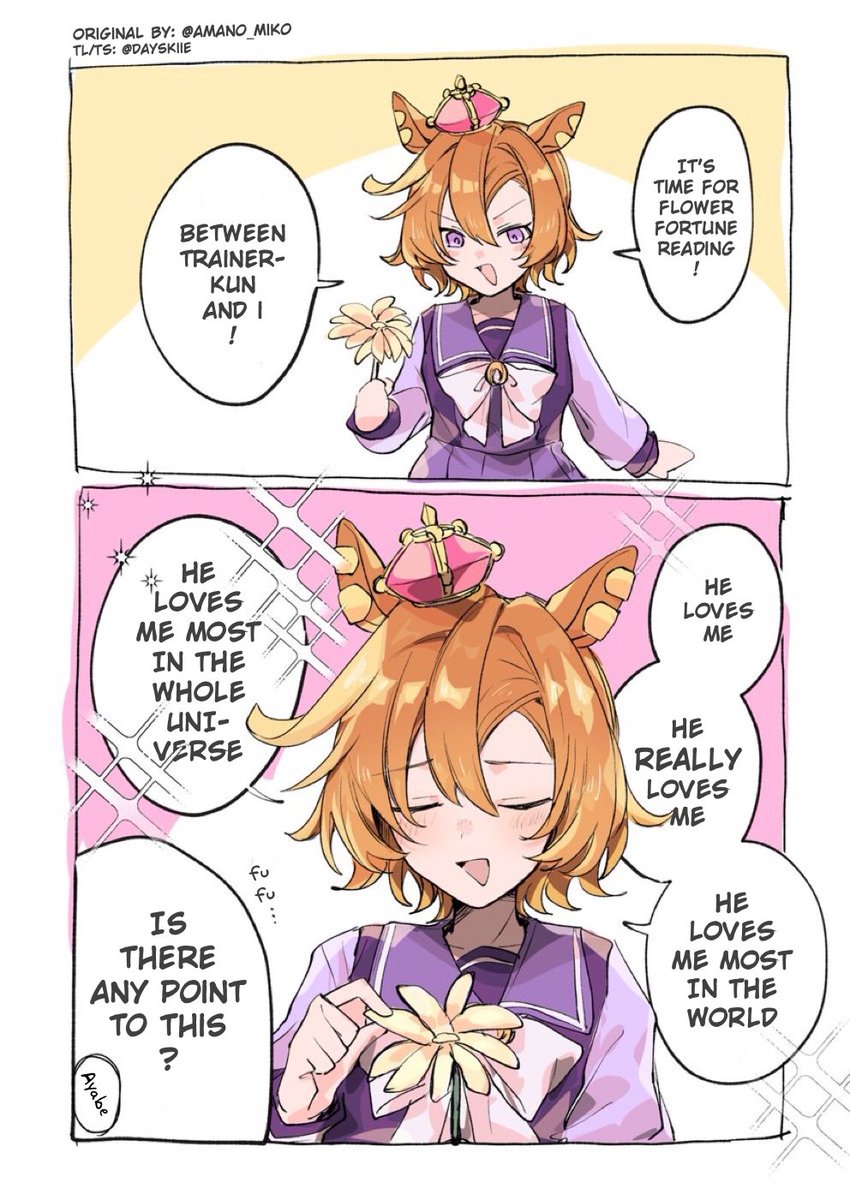 dayskiie's tweet photo. "An obvious affection  ToreOpe (Repost)"
(Original by: @amano_miko)

Sit tight Ayabe there's quite a few petals left...
#UmaTranslations #ウマ娘 https://t.co/1SMO7nlbF7