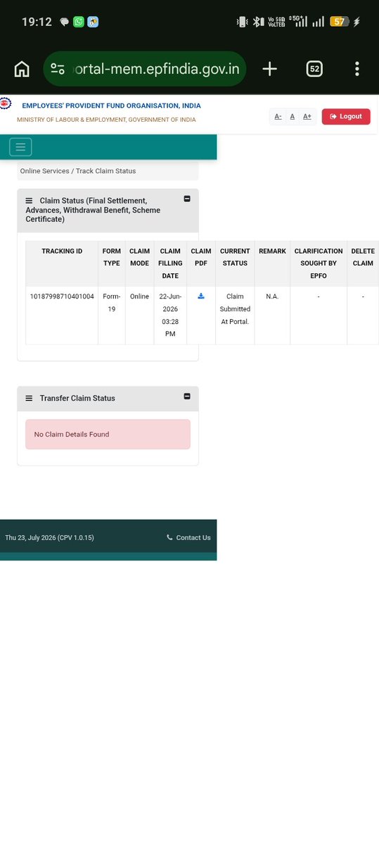 abhiman0070's tweet photo. Dear @socialepfo @LabourMinistry @mansukhmandviya, My Form-19 PF claim has been pending since 22-June-2026 and is still showing "Claim Submitted At Portal". Kindly help process my claim at the earliest. Tracking ID: 1018799871041004. Grievance No.: RONAG/E/2026/04643. Thank you. https://t.co/bVj5jO6gZH