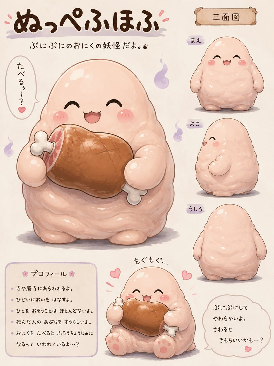 bookofdarknes's tweet photo. 🍖ぬっぺふほふ🍖
ぶよぶよでかわいい妖怪。
あえてのリアル路線で動画制作しました
自分でも「気持ち悪っ……」って思います

ぬっぺふほふの肉を食べると不老不死になる
でも、「絶対に死なない」と「幸せに生きられる」は別の話というオチ

画像は動画の草案です。引用動画は閲覧注意！
#妖怪 https://t.co/ZHRh797XxF
