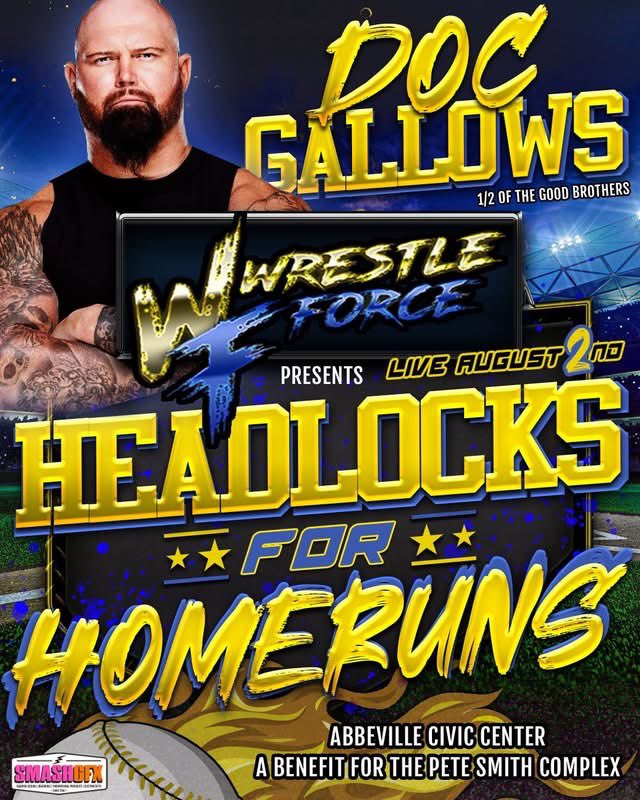 The_BigLG's tweet photo. Sunday 8/2 @WrestleForce presents “Headlocks For Homeruns” in Abbeville, SC featuring @machinegunka @CJGallows @thejohnskyler @SavannahEvansNV &amp; more! #GoodBrothers Seminar &amp; Meet N Greet before the show. Come support a great cause! https://t.co/wXo2r8S9Q6