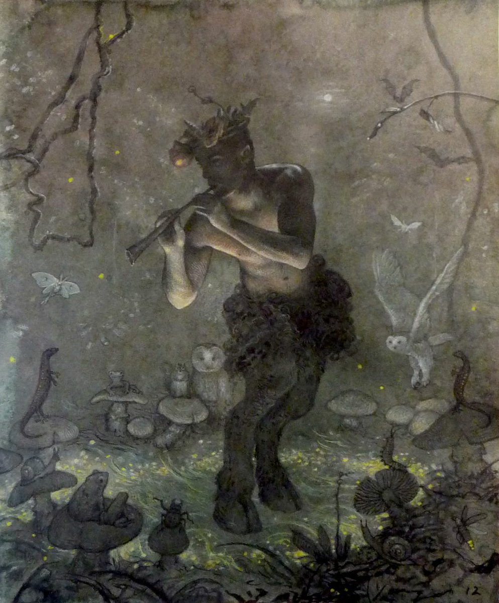 StephenGeoRae's tweet photo. Pan in Greek mythology was a fertility deity, generally represented as a vigorous and lustful figure having the horns, legs, and ears of a goat. A minor god of wild places, shepherds and flocks, music and companion of nymphs.

art: Jan Rentel https://t.co/DPru49LnyU
