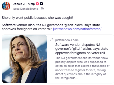 GuntherEagleman's tweet photo. 🚨 THE “GLITCH” STORY JUST FELL APART AND MIKIE SHERRILL GOT CAUGHT!  

New Jersey Governor Mikie Sherrill claimed thousands of noncitizens ended up on the voter rolls because of a computer glitch at the DMV.

Now the software vendor is disputing her claim.

According to the company, the system was set up to approve noncitizens for voter registration.

She only went public after getting caught. 🤔