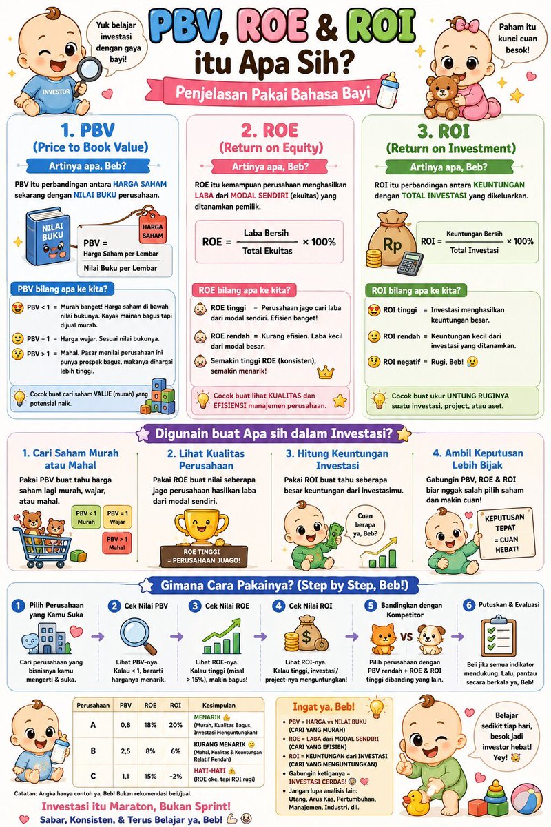 zepy93's tweet photo. 🚼📈 PBV, ROE, atau ROI? Jangan cuma hafal singkatannya, pahami artinya!

Banyak investor pemula beli saham cuma karena "katanya bagus". Padahal 3 indikator ini bisa jadi filter awal sebelum beli.

🍼 PBV = Harga saham lagi murah atau mahal? 🏆 ROE = Perusahaan jago menghasilkan laba dari modal pemilik? 💰 ROI = Investasi yang dilakukan benar-benar untung atau tidak?

Ingat rumus sederhana: ✅ PBV → Cari VALUE ✅ ROE → Cari KUALITAS ✅ ROI → Ukur HASIL

⚠️ Tapi jangan pakai satu indikator saja. Gabungkan dengan analisis laba, utang, pertumbuhan, arus kas, dan prospek bisnis agar keputusan investasi lebih matang.

Belajar investasi itu seperti belajar naik sepeda: Awalnya jatuh, lama-lama seimbang, akhirnya bisa melaju sendiri. 🚴📈❤️

#Saham