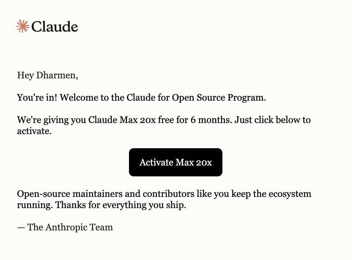 shhdharmen's tweet photo. Got accepted into @AnthropicAI 's Claude for Open Source program — 6 months of Claude Max 20x, free, for contributing to @angular . 🎉

Nice to see OSS work get recognized. Time to put that headroom to work. 🚀

#Angular #OpenSource #Claude https://t.co/v5TRxxENzq