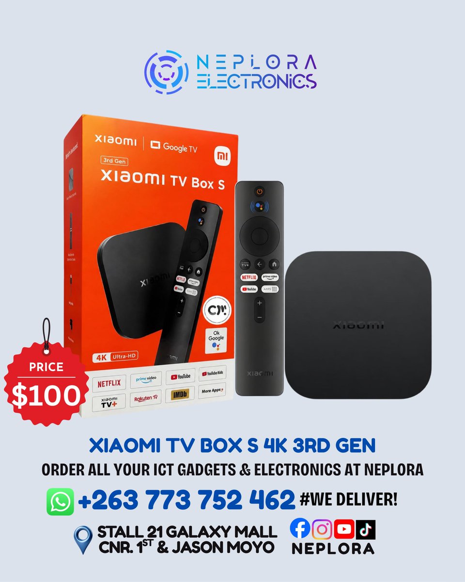 neplora's tweet photo. 📺🎬✨ Xiaomi TV Box S 4K (3rd Gen) in Harare, Zimbabwe available at Neplora. Call/WhatsApp📲: +263 773 752 462 to order. #WeDeliver!

📍 We are located in Harare CBD
Visit Stall 21 Galaxy Mall Ground Floor
Corner First Street, and Jason Moyo Ave https://t.co/FIRn8eYOtY
