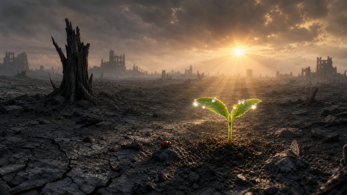 Kristof_cx's tweet photo. The world ended here. And still, something chose to grow. 🌱

Ash for miles. Ruins on the horizon. Not a single leaf left standing — except this one.

#AIArt #DigitalArt #HyperrealisticArt #AIArtCommunity #Hope #Renewal #ArtistsOnInstagram #Dzine https://t.co/jRdUbWGmbl