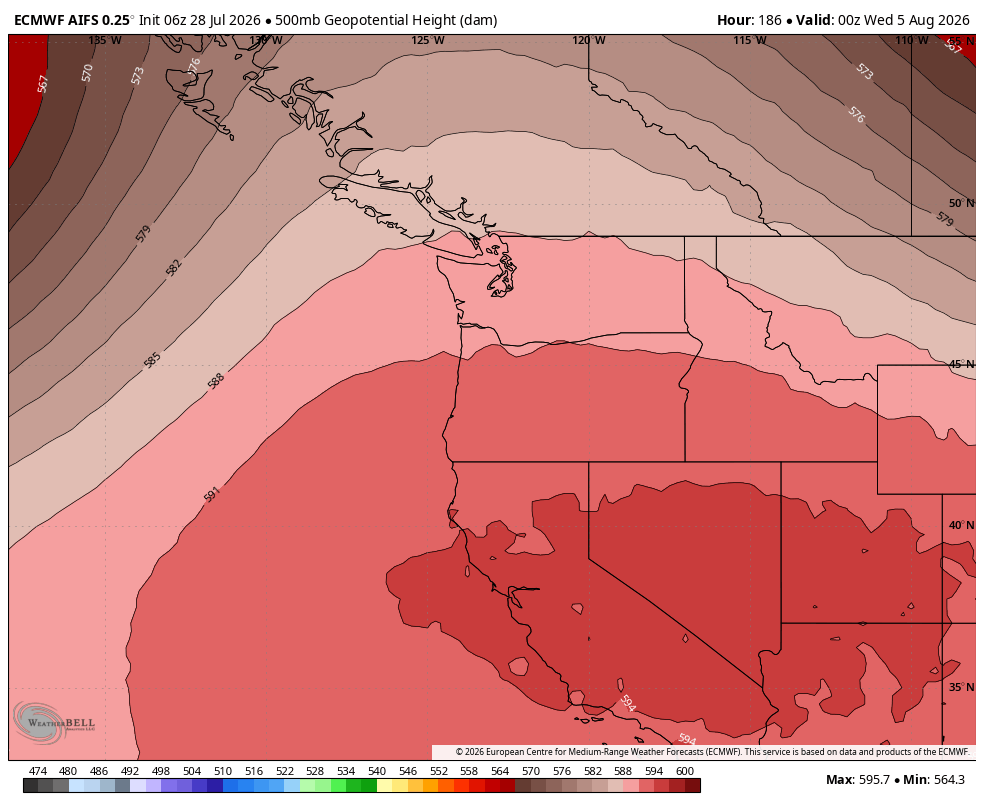 vlad_rad's tweet photo. ECMWF AIFS depicting pretty high upper level heights going into next week around the #PNW. Seems pretty #Heatwave like criteria to me 🥵🌡️. @judah47
#BCWx #WaWx #OrWx #BCHeat #BCStormWatch https://t.co/MxDo0tzRbM