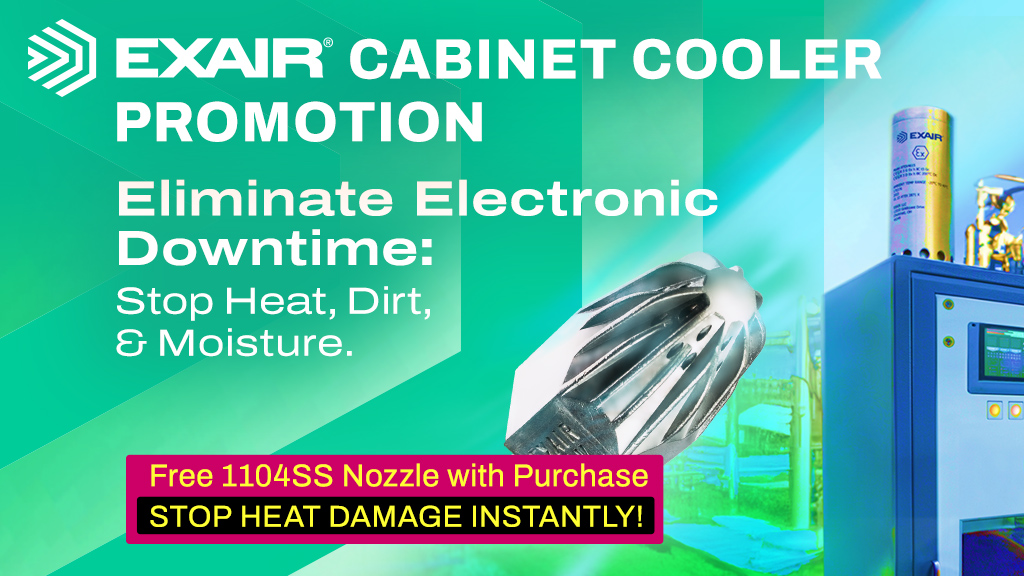 EXAIR_JS's tweet photo. Protect sensitive enclosures from failing due to heat, dirt, and moisture with an @EXAIR Cabinet Cooler® Systems. Plus, if you order now, you'll receive a FREE Super Air Nozzle with your purchase! https://t.co/d8BUcqfyHr https://t.co/MEW8iDuLs3