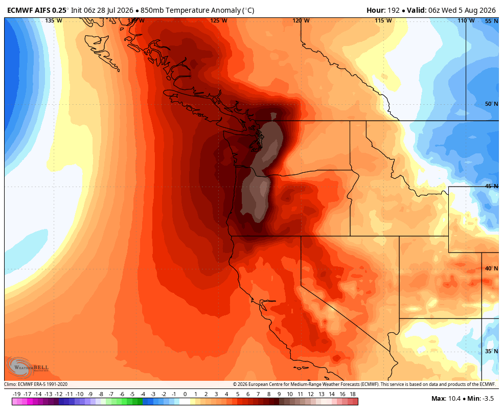 vlad_rad's tweet photo. ECMWF AIFS depicting pretty high upper level heights going into next week around the #PNW. Seems pretty #Heatwave like criteria to me 🥵🌡️. @judah47
#BCWx #WaWx #OrWx #BCHeat #BCStormWatch https://t.co/MxDo0tzRbM