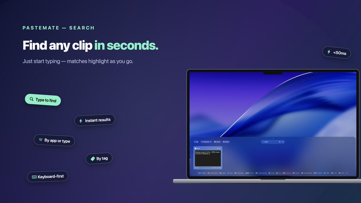 PasteMateApp's tweet photo. ⌘⇧V, then just type.

Your whole clipboard history filters as you go — text, links, colors, files, code. Hit return, it's pasted.

Hands never leave the keyboard. https://t.co/p2rV2VoU9Y