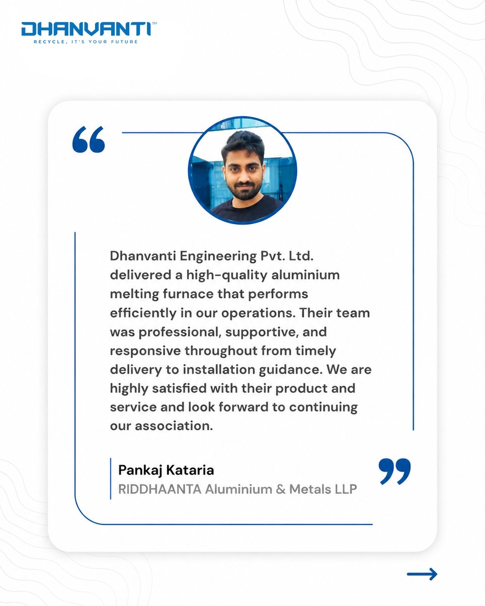 dhanvanti_eng's tweet photo. Built on Trust. Proven by Performance.

The strongest endorsement doesn't come from us. It comes from the businesses that rely on our technology every day.

Your success is the benchmark of our performance.  

#MetalRecycling #AluminiumRecycling #MeltingFurnace #CustomerSuccess https://t.co/uM7roSsVmu