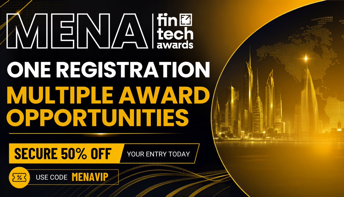 MenaAwards's tweet photo. One registration. Multiple award opportunities.

Enter across products, organisations, teams and talent at FinTech Awards MENA 2026.

Use code MENAVIP for 50% off your entry.

🔗 https://t.co/xoKFR7OA7P

#FinTech #MENA #GCC https://t.co/FE9ku71EO2
