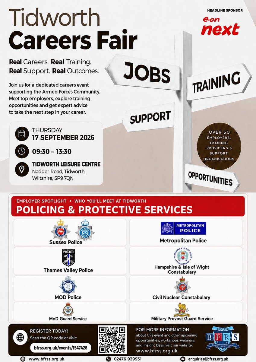 _BFRS_'s tweet photo. Explore careers in Policing &amp; Protective Services at the Tidworth Careers Fair.

Meet eight leading police and security organisations.

17 September 2026
09:30–13:30
Tidworth Leisure Centre
Free to attend

Register: https://t.co/M5ExMjZD6G

#BFRS #MilitaryTransition https://t.co/JipGm5SKXu