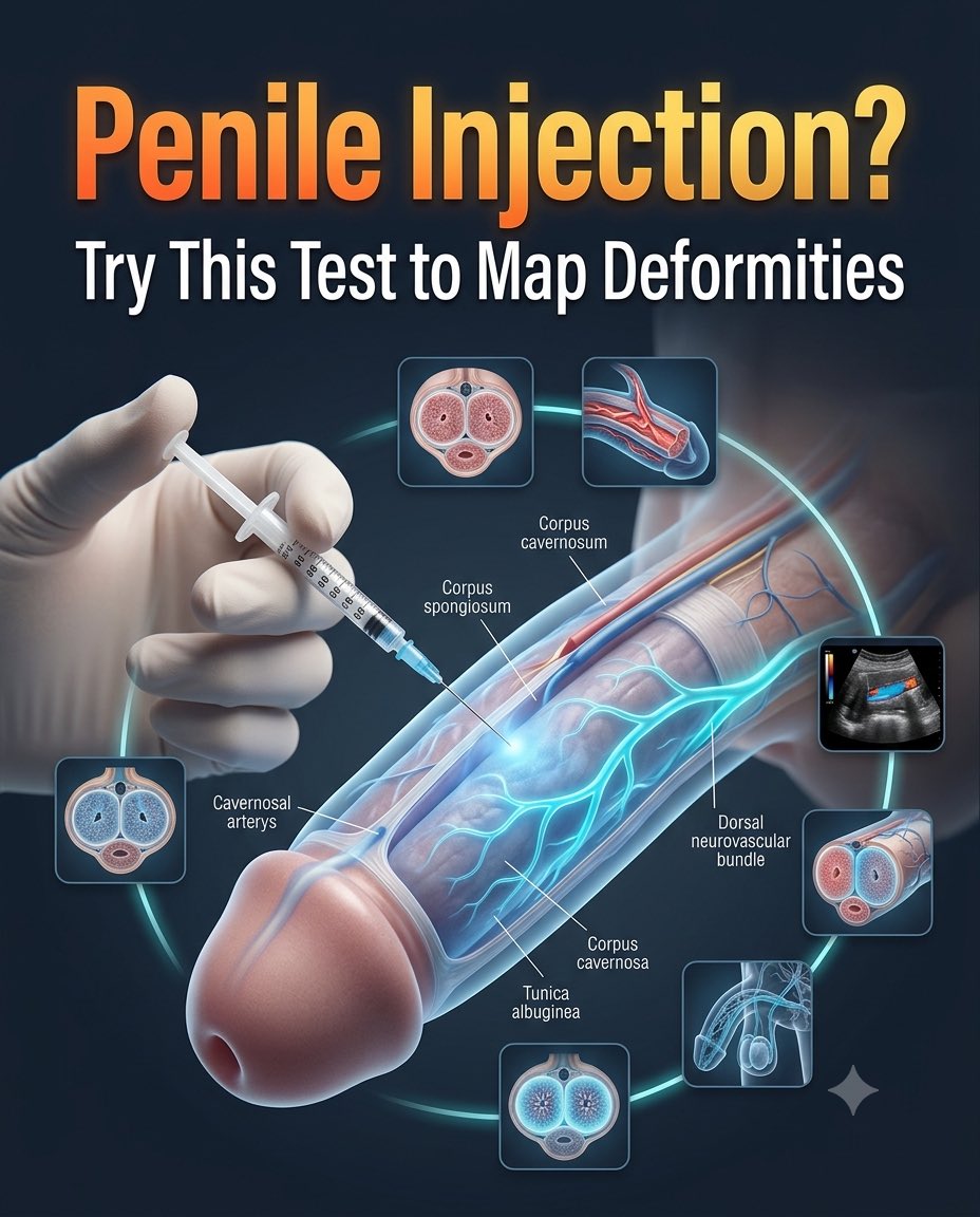 Roboticdock's tweet photo. A penile injection test (Intracavernosal Injection) shows deformity, plaque(s), pain, curvature point, and erect length/girth. With duplex ultrasound, clinicians assess plaque size, calcification, and penile blood‑flow health for a clear picture of Peyronie’s. #UroRobotX https://t.co/SP4SLTgOt0