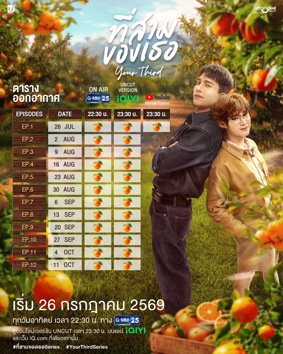 YourThirdSeries's tweet photo. ตารางออกอากาศ “ที่สามของเธอ Your Third Series”🌳🍊

   เมื่อ ‘สาม’ หนีรักไปพักใจ  ‘แจม’ จึงได้รับภารกิจที่ไม่ใช่แค่ "ตามหาน้องชายของเจ้านาย" แต่แมวเจ๋อยังต้องตามเก็บหัวใจของเสือจิ๋วกลับมาด้วย! 🐯😼

🍊 รับชม “ที่สามของเธอ Your Third Series” พร้อมกันทุกวันอาทิตย์เวลา 22.30 น. ทางช่อง GMM25

🌳 ดูออนไลน์เวอร์ชัน UNCUT เวลา 23.30 น. บนแอป iQIYI และเว็บ https://t.co/chyrFuV4Sh ที่เดียวเท่านั้น : https://t.co/fO0l57tbCv

พิเศษเฉพาะ EP.1 รับชมย้อนหลังได้ทาง YouTube : Mandee Channel  

🔗 : https://t.co/h0Yr0cjS3i

#ที่สามของเธอSeries
#YourThirdSeries 
#MandeeWork