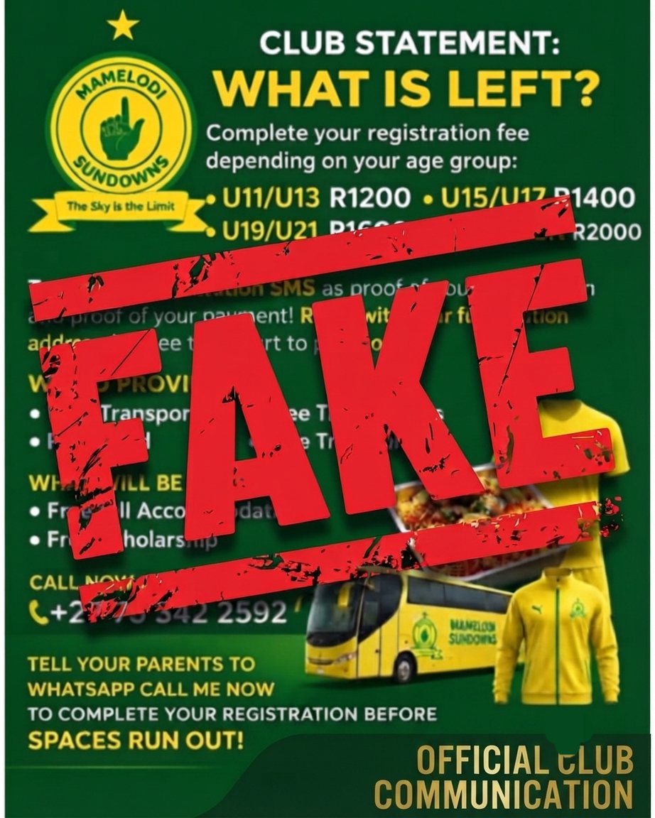 bigthreefanhub's tweet photo. IMPORTANT PUBLIC NOTICE: BEWARE OF TRIAL SCAMS
​Mamelodi Sundowns does NOT host open trials. Any advertisement claiming otherwise using the Club's name is fraudulent.
​❌ DO NOT PAY anyone for trials.
✅ Verify info only on official Club channels.
✅ Report scams to authorities. https://t.co/GpmFqeu7C2