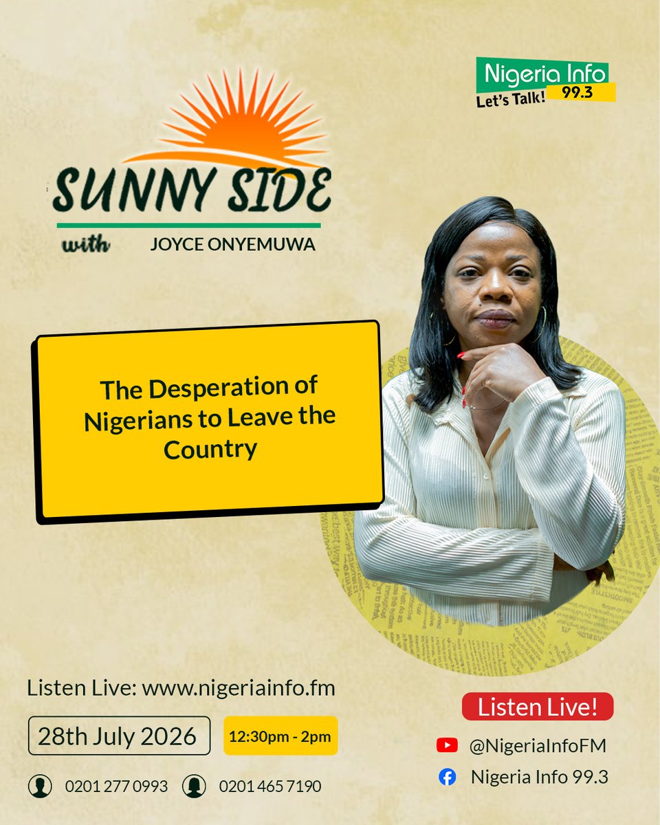 NigeriainfoFM's tweet photo. Now on #OpenThought: Nigerians are desperate to leave the country for better opportunities - why can't the government create it?
📌If you had N30m, would you leave Nigeria to go start all over again in another country? #LetsTalk
@JoyceOnyemuwa is taking your thoughts now on the #SunnySide.
Join the conversation...
☎️: 0201 277 0993
☎️: 0201 465 7190 (female only)
📩 WhatsApp : 08095975805 (messages only)
#NigeriaInfoSS