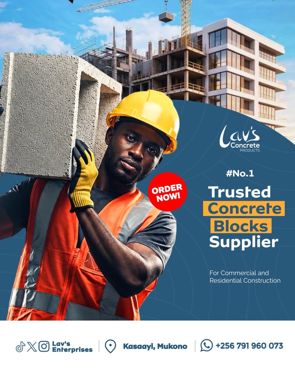 LavsEnterprises's tweet photo. 💪 Building strong foundations starts with the right blocks!

Lav’s Concrete Products is your #No.1 Trusted Concrete Blocks Supplier in Uganda for both commercial and residential construction.

High-quality blocks. Reliable supply. Ready when you are.

📍 Kasaayi, Mukono
📞 WhatsApp/Call: +256 791 960 073

ORDER NOW!