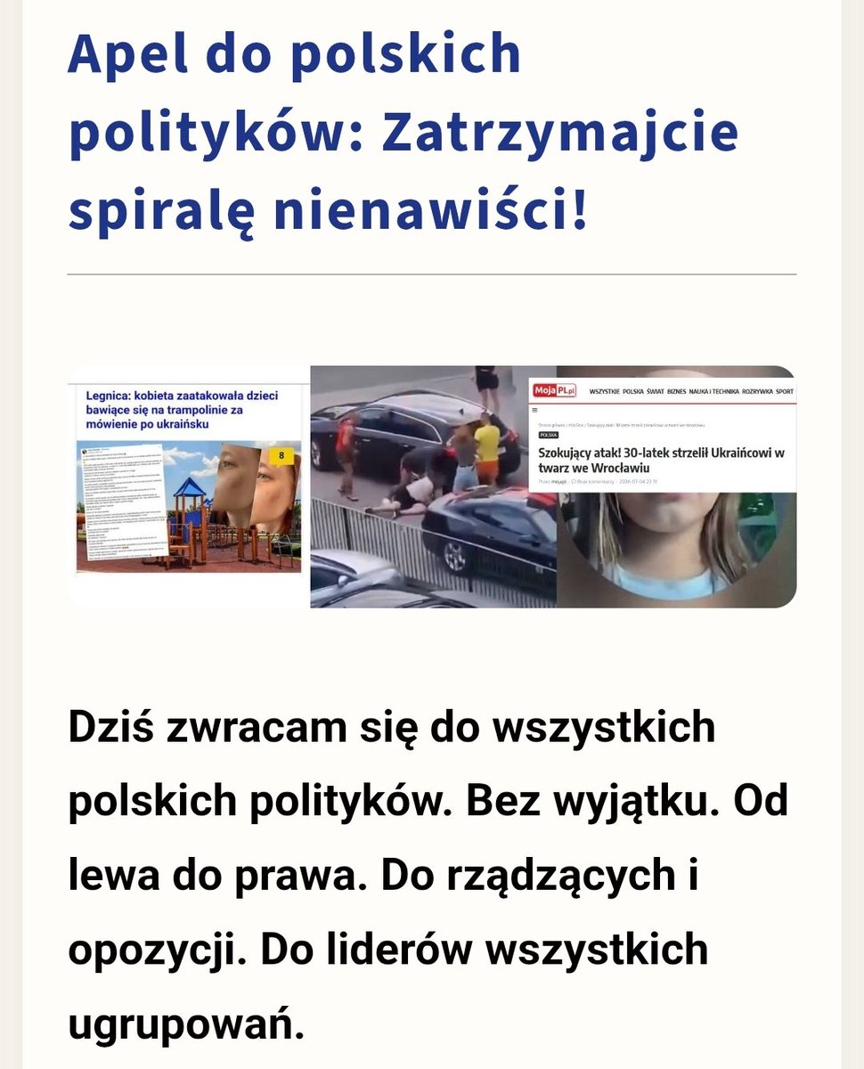 ObywateleRP's tweet photo. #Siódemka
Podpisz apel do polskich polityków: Zatrzymajcie spiralę nienawiści!

Dziś zwracam się do wszystkich polskich polityków. Bez wyjątku. Od lewa do prawa. Do rządzących i opozycji. Do liderów wszystkich ugrupowań.

To apel do Was wszystkich. Bo to jest moment, w którym nie ma miejsca na polityczne kalkulacje. Karol Nawrocki, Donald Tusk, Jarosław Kaczyński, Mateusz Morawiecki, Władysław Kosiniak-Kamysz, Włodzimierz Czarzasty, Katarzyna Pełczyńska-Nałęcz, Adrian Zandberg, Krzysztof Bosak, Sławomir Mentzen, Grzegorz Braun

Przemoc nigdy nie zaczyna się od pięści.

Przemoc zawsze zaczyna się od słów.

Od słów, które odczłowieczają. Które dzielą ludzi na „nas” i „ich”. Które pozwalają uwierzyć, że wobec drugiego człowieka wolno więcej. A później ktoś bierze to dosłownie.

Dziś na polskich ulicach dochodzi do kolejnych ataków na ludzi z powodu ich pochodzenia. To nie są tylko internetowe komentarze, ani pojedyncze przypadki. To realna przemoc na tle narodowościowym.

https://t.co/w22VtpGO1D