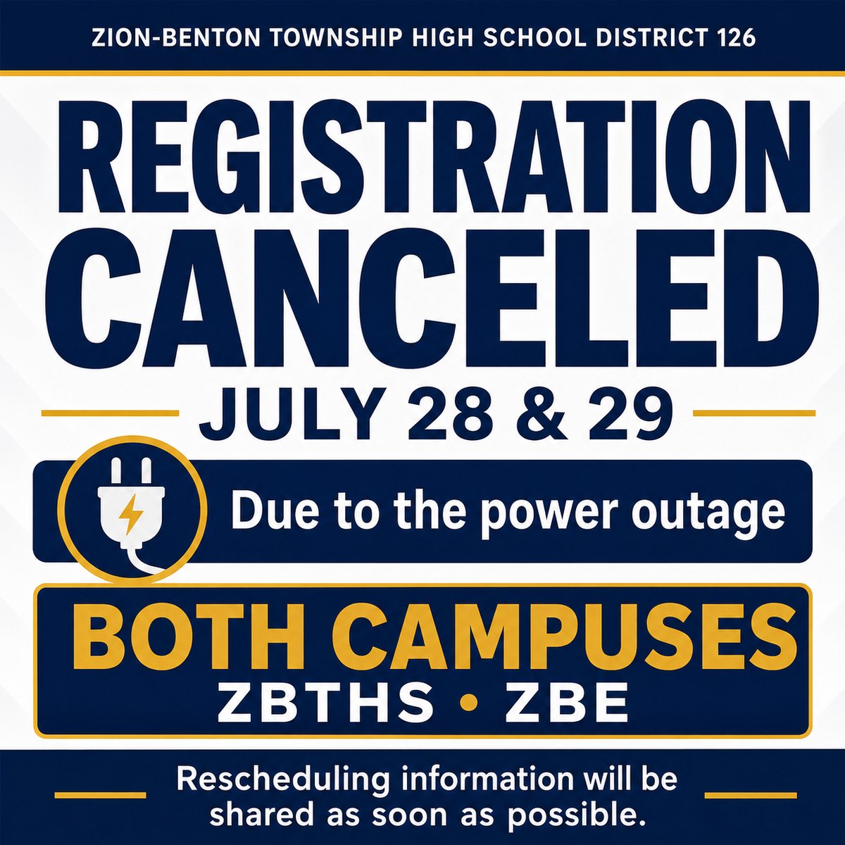 ZBPride's tweet photo. Due to the power outage, registration is canceled today and tomorrow at both ZBTHS and ZBE campuses. Rescheduling information will be shared as soon as possible. Thank you for your understanding. https://t.co/dB2lCHZB20