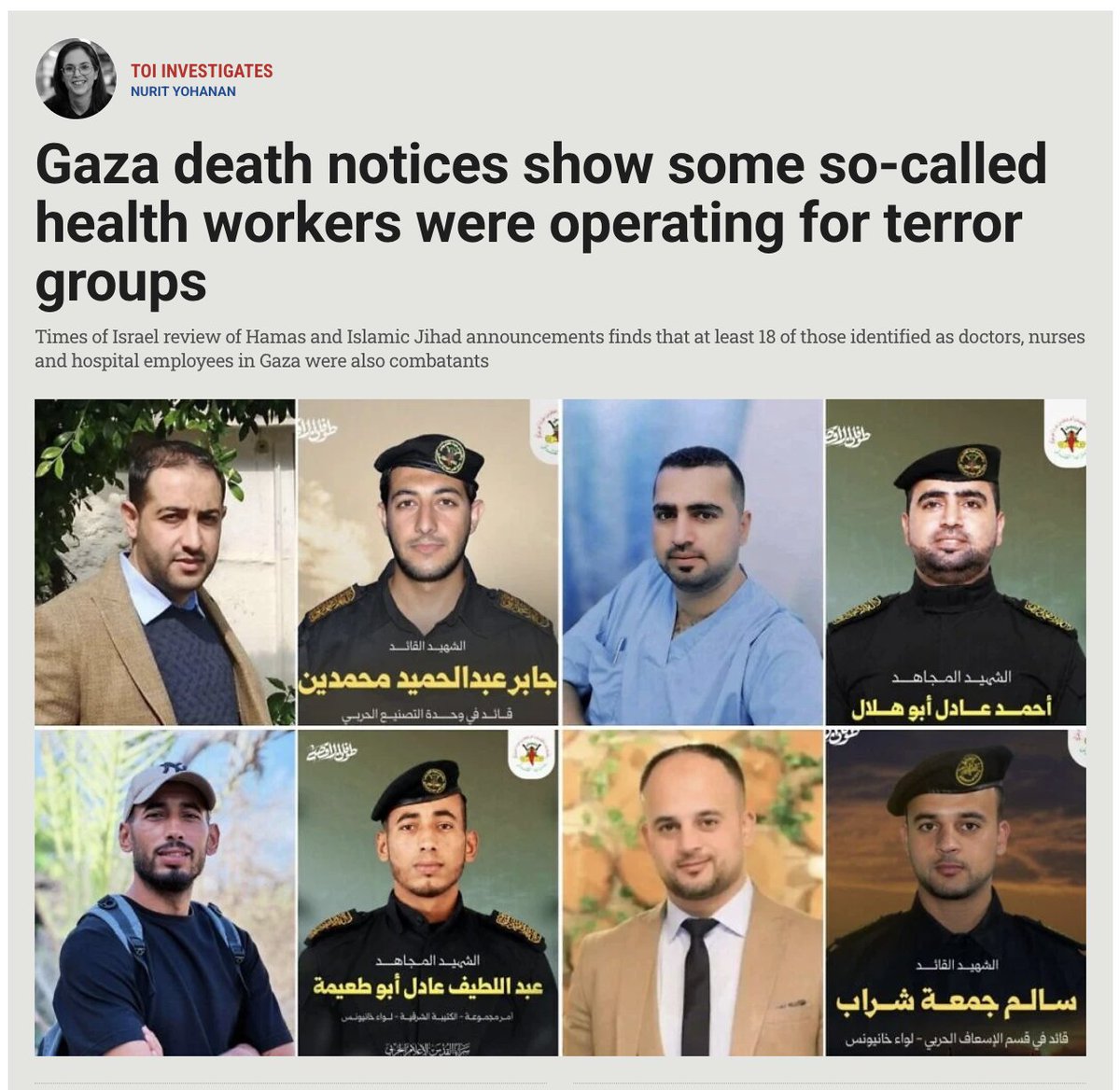 EylonALevy's tweet photo. This should be a global scandal.

Day by day, more and more "Gazan doctors" are turning out to be Hamas and Islamic Jihad combatants in disguise. 

Just as Israel said all along, and nobody wanted to listen. 

Hamas played you like suckers. https://t.co/McPIv7oWHo