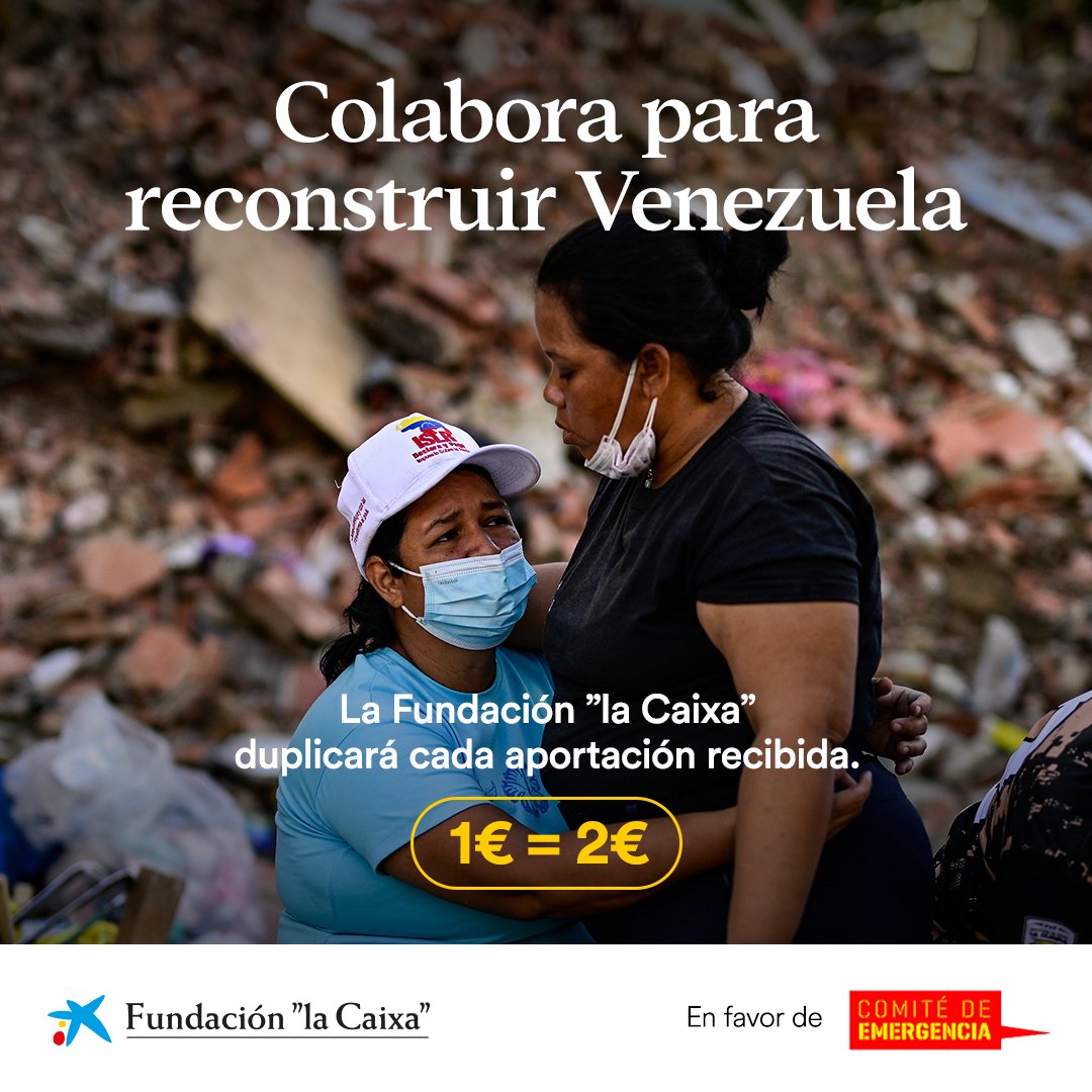 c_emergencia's tweet photo. 🤝 Cuando trabajamos juntos, el impacto se multiplica.

📢Agradecemos a @FundlaCaixa su apoyo a los proyectos de reconstrucción en #Venezuela.
‼️Además, duplicará cada aportación recibida para que la ayuda llegue más lejos.

Dona aquí➡️
https://t.co/JW4GWSMkRl https://t.co/b3UIDMZL5P