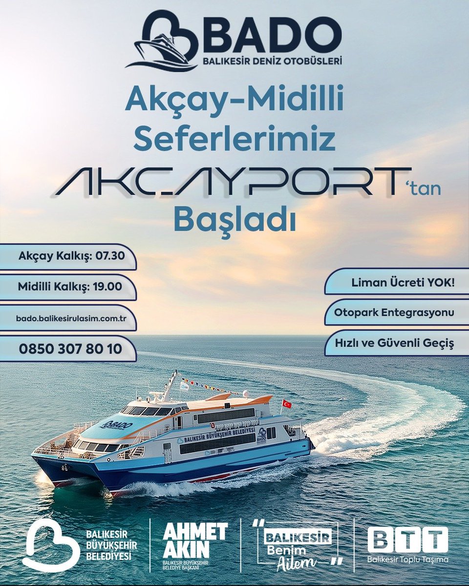 _BTT_AS's tweet photo. Akçay–Midilli seferlerimiz başladı!

BADO, Akçayport’tan ilk seferini gerçekleştirerek Akçay–Midilli hattını yeniden deniz yoluyla buluşturdu.

27 yıl sonra yeniden gümrük alanı olarak hizmet vermeye başlayan Akçayport sayesinde Midilli’ye ulaşım artık daha hızlı ve konforlu. Yolcularımız, liman ücreti ödemeden seyahat edebilirken, biletlerini ibraz etmeleri halinde Balpark otoparklarında özel tarifeden de yararlanabiliyor.

BADO ile Akçay–Midilli hattı; turizme, ticarete ve iki yaka arasındaki ulaşımın güçlenmesine katkı sunarken, güvenli ve konforlu yolculuk anlayışıyla hizmet vermeye devam edecek. 🌊💙