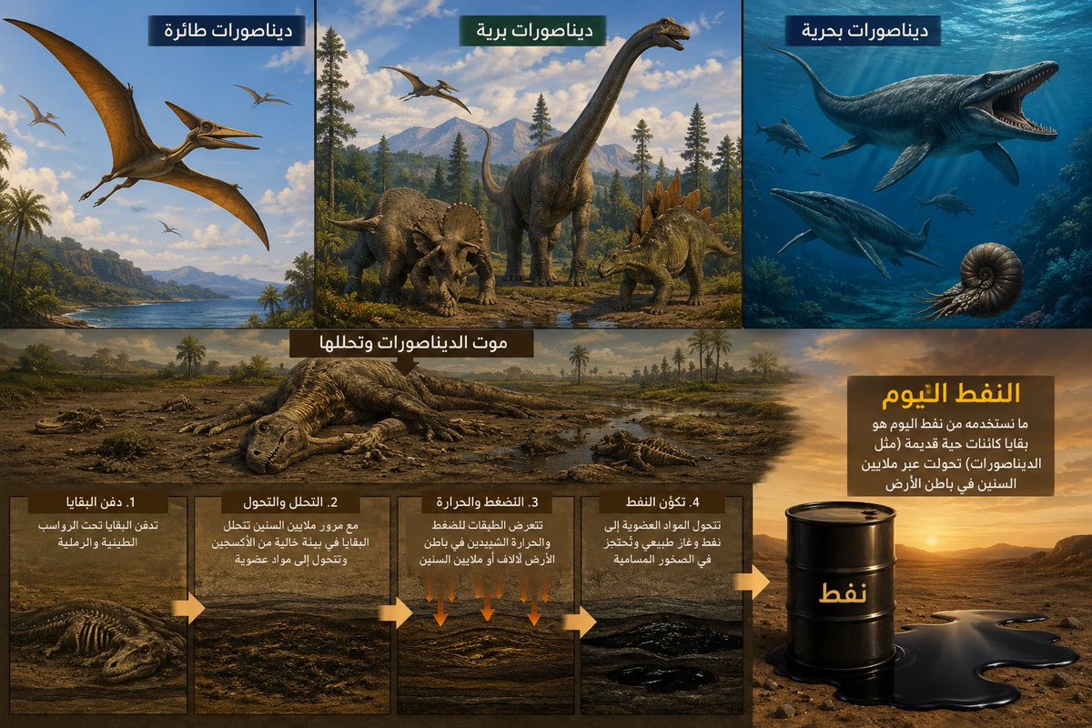Alabdli_2018's tweet photo. شكراً أيها الديناصور… 🦕
حتى وإن لم تكن أنت من صنع النفط، فقد أصبحت رمزاً لعالمٍ سحيقٍ سبقنا بملايين السنين. ومن أعماق ذلك الماضي خرجت ثروةٌ غيّرت وجه الحضارة؛ بنزين ⛽️، وديزل، وكيروسين، وأسفلت، وبلاستيك ..
وآلاف المنتجات التي أصبحت جزءاً من حياتنا اليومية.
رحلةٌ بدأت قبل ملايين السنين… وما زالت آثارها تصنع حاضرنا.