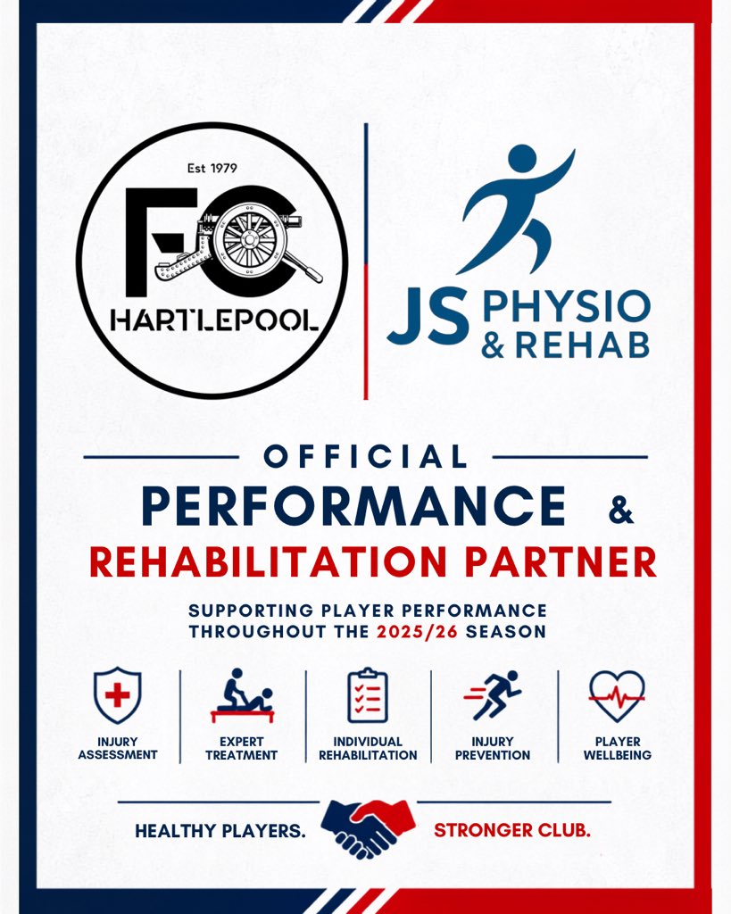 FC_Hartlepool's tweet photo. 🔴🔵 NEW PARTNERSHIP ANNOUNCEMENT

💪 Official Performance & Rehabilitation Partner

We’re delighted to welcome JS Physio & Rehab as FC Hartlepool’s Official Performance & Rehabilitation Partner. 🔴🔵

Based at Grayfields, they’ll support our players with injury assessment, rehabilitation and performance throughout the season.

🤝 Please support the businesses that support your club.

#FCHartlepool #JSPhysio #OneClub #Hartlepool