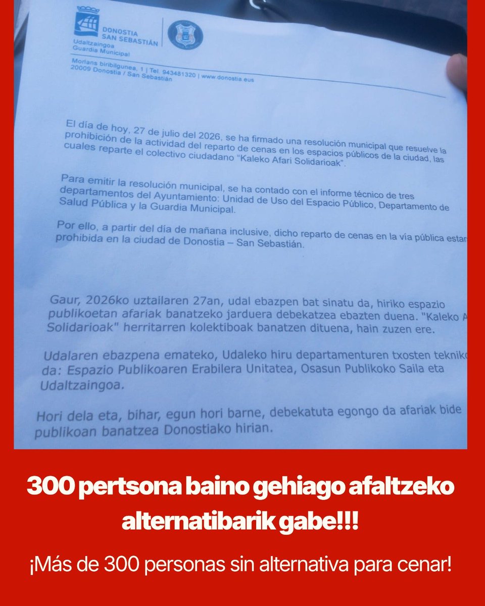 Agus08414035's tweet photo. Donostiako Udalak Afari Solidarioak debekatu ditu. 2020ko Azarotik gauero herritarrok 300 afari inguru banatzen ditugu. Gurekin elkarlanean aritzeko aukera zuten. PPrekin lerrokatzea erabaki du,  gose direnak egoera are zaurgarriagoan utzita. Humanismo y exigencia haien leloa... https://t.co/8K6sI6eZNl