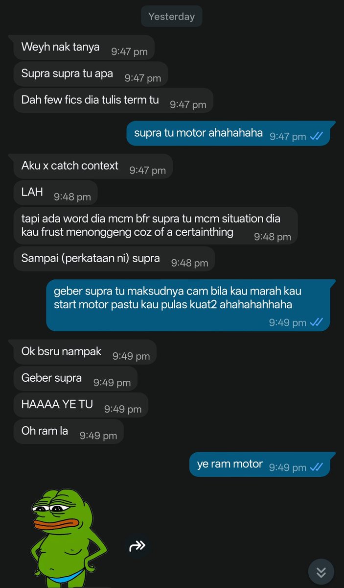 coupszino's tweet photo. temenku orang malaysia, dia suka baca au indo. kemarin dia chat nanya ke aku terkait geber supra... 😭😭😭😭😭😭😭 https://t.co/TqGicOBUn3
