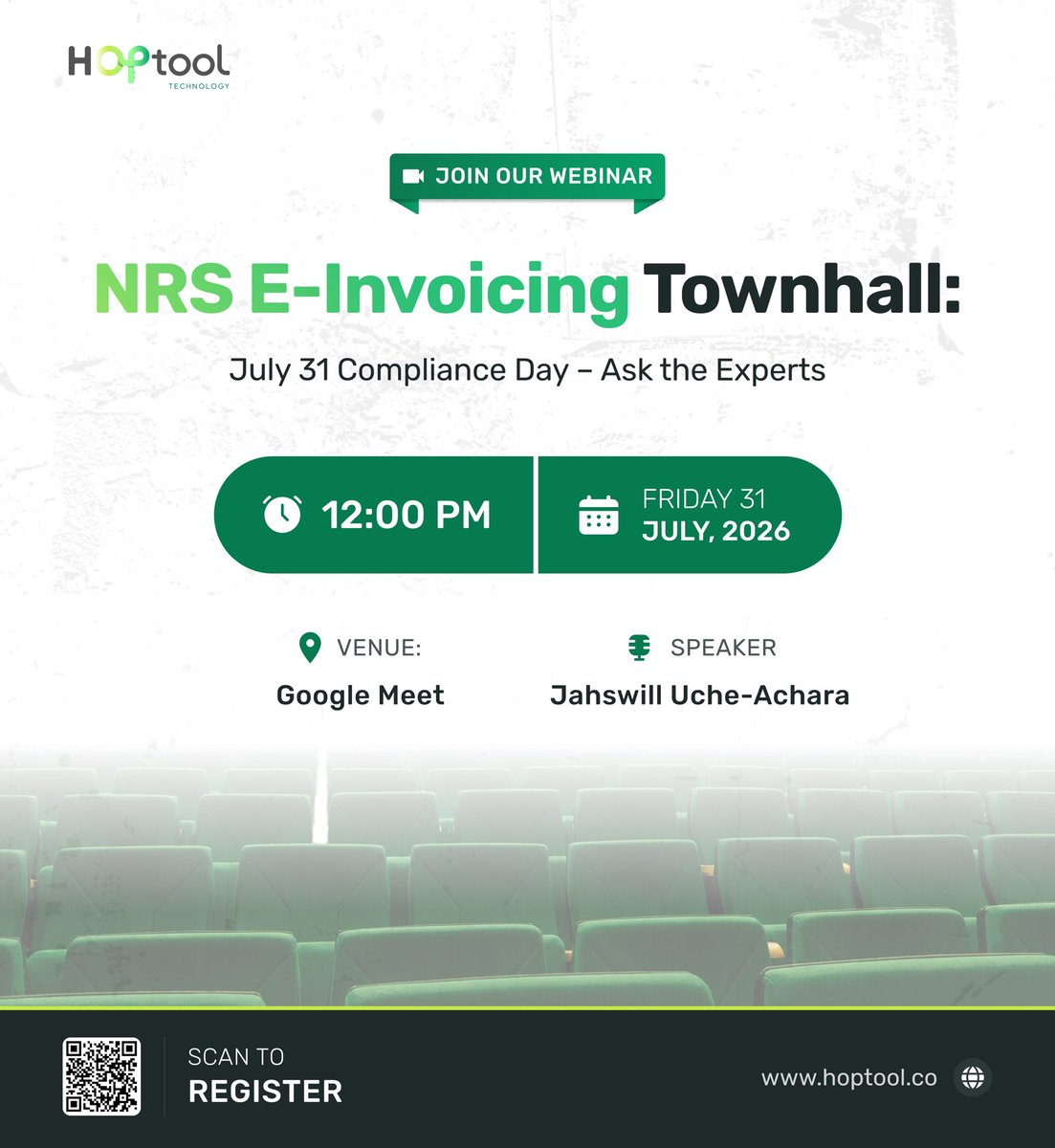 HOPtool_tech's tweet photo. The July 31 deadline is near. Get your questions answered live.

🎙️ NRS E-Invoicing Townhall
🗓️ Friday, 31st July | 12PM | Google Meet
Speaker: Jahswill Uche-Achara

👉 Scan the QR code or visit https://t.co/SgkHpQ6DC6 to register.
#NRSCompliance #EInvoicing #InvoiceMe https://t.co/B4fN9JSm1h