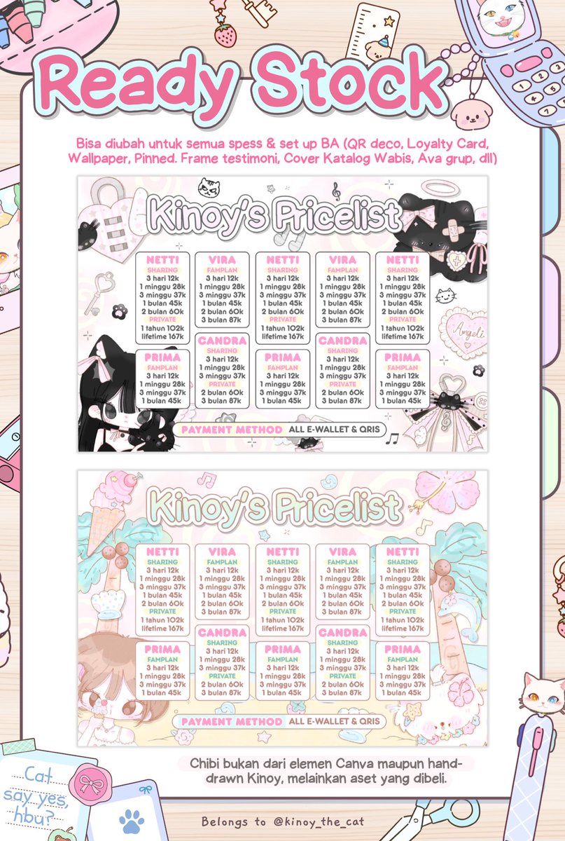 kinoy_the_cat's tweet photo. Help RT yaa, maacii 💗

 🍰 Kinoy ada 5 Bundle Pricelist &amp; Layout Chibi yg dijuwal ekslusif untuk 1 orang aja per-desainnya 🐈 —  Bisa dijemput skarang seharga ✨60rb✨ di DM/WA 🫶🏻

💸 Satuan : Layout 35k - Pricelist 42k
Scroll for details!

#bealanja #RSkinoy edit pl ready stock https://t.co/zXVStQMXGc