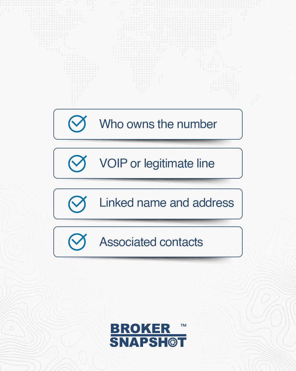 BrokerSnapshot's tweet photo. Most vetting stops at the MC number. The phone number just gets a call.

That's a blind spot. Who owns the number. Whether it's VOIP or a legitimate carrier line. Whether the name and address attached to it actually match. Whether the same contact shows up across other unrelated companies.

One search catches all of it in seconds.

Try it free at https://t.co/48IRB70euj

#FreightFraud #CarrierVetting #Logistics #BrokerSnapshot