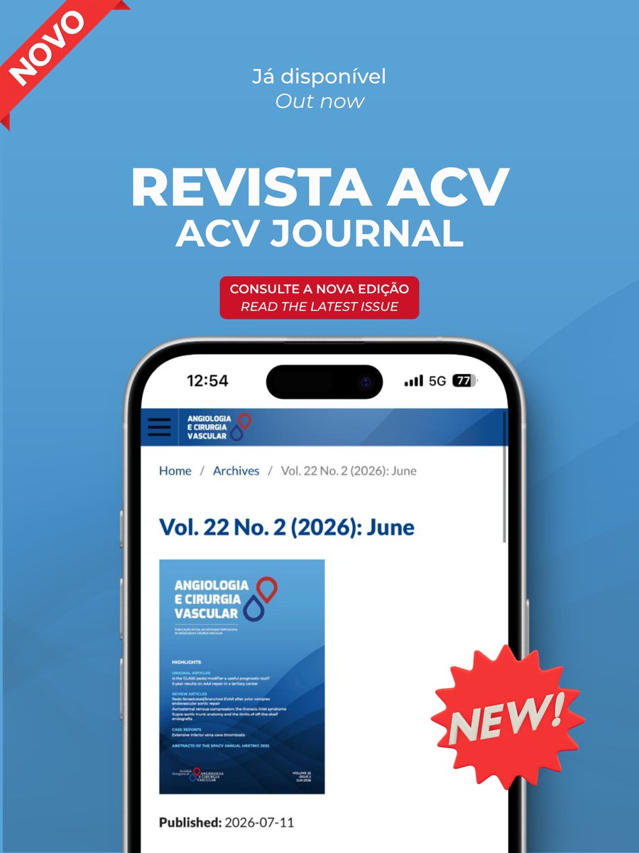 spacvoficial's tweet photo. Já disponível o Vol. 22, No. 2 (junho de 2026) da Revista ACV! 📖   

Celebramos 25 anos de legado rumo à indexação Medline. Descubra os novos artigos, revisões de EVAR complexo e os abstracts do Congresso SPACV.  

Acesso e publicação gratuitos!    

🔗 https://t.co/OevAeh4ILJ https://t.co/IxhUpmlHa4