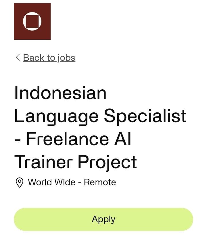 bimnttsion's tweet photo. Ini jg ada Freelance AI yg konsepnya mirip Outlier dan Alignerr. Yang aku suka, di sini nggak perlu bikin akun dulu. Tinggal pilih project/posisi yang sesuai, klik Apply, lalu isi data seperti nama, email, CV, dan beberapa informasi lainnya. Bayarannya jg lumayan $6-65 kalau lolos seleksi, mereka bakal menghubungi kamu lewat email untuk proses selanjutnya.

Aku sendiri juga udah apply ke beberapa project di sana. Tinggal nunggu kabar aja semoga lolos🤞

Untuk bayarannya sekitar US $6–US$65 per jam itu besaran pastinya tergantung pengalaman, keahlian, hasil evaluasi, dan lokasi tempat tinggal. Jadi tiap orang bisa dapat rate yang berbeda. Kalau dapat rate tinggi, penghasilannya tentu bisa sangat menarik.

Search aja di google Meridal by invisible abis itu see all project yang kalian mau apply!!
#freelance #remote #makemoney