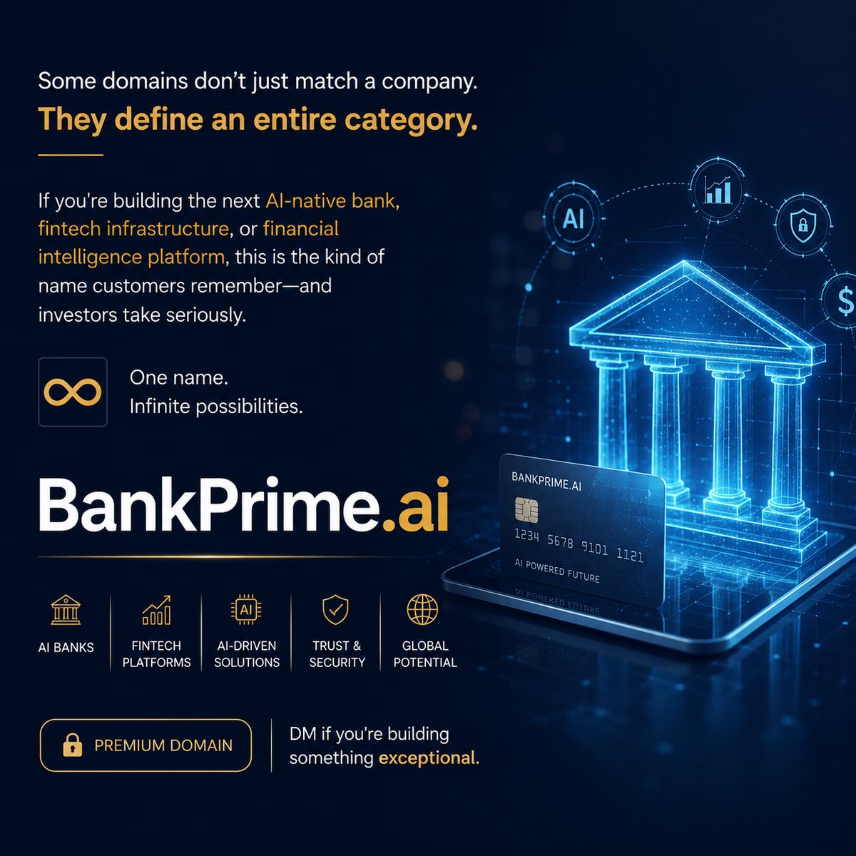 Taha77946136's tweet photo. https://t.co/LLbJF7Arpb - The future of banking won't be built on legacy names, it will be built on brands that are short, trusted, and AI-first.

Some domains don't just match a company.
They define an entire category.

If you're building the next AI-native bank, fintech infrastructure, or financial intelligence platform, this is the kind of name customers remember and investors take seriously.

One name, infinite possibilities.

https://t.co/LLbJF7Arpb DM if you're building something exceptional.

#AI #Fintech #Banking #ArtificialIntelligence #Branding #Startups #DomainNames #FinancialServices #DigitalBanking #OpenBanking #EmbeddedFinance #AIStartup #StartupFounder #VentureCapital