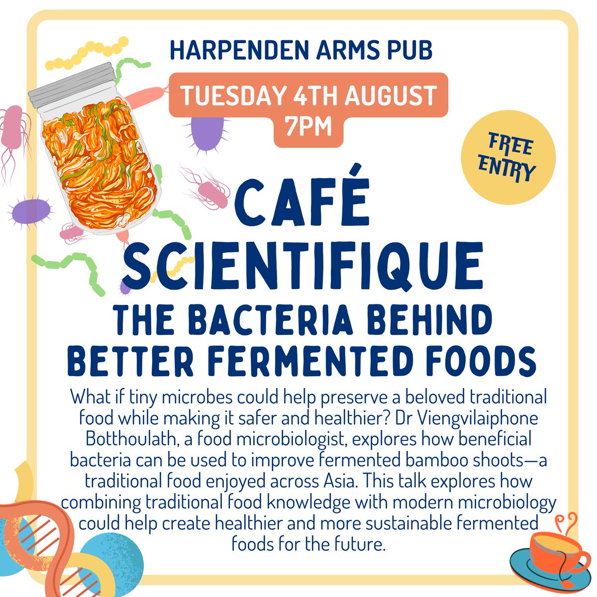 Rothamsted's tweet photo. Curious about the science behind your favourite fermented foods? 🥢🦠 Join us at the next FREE Café Scientifique talk with food microbiologist Dr Botthoulath.  All are welcome—bring your friends and your questions! 
#Harpenden #StAlbans #herts https://t.co/4ZtKjH8mnu