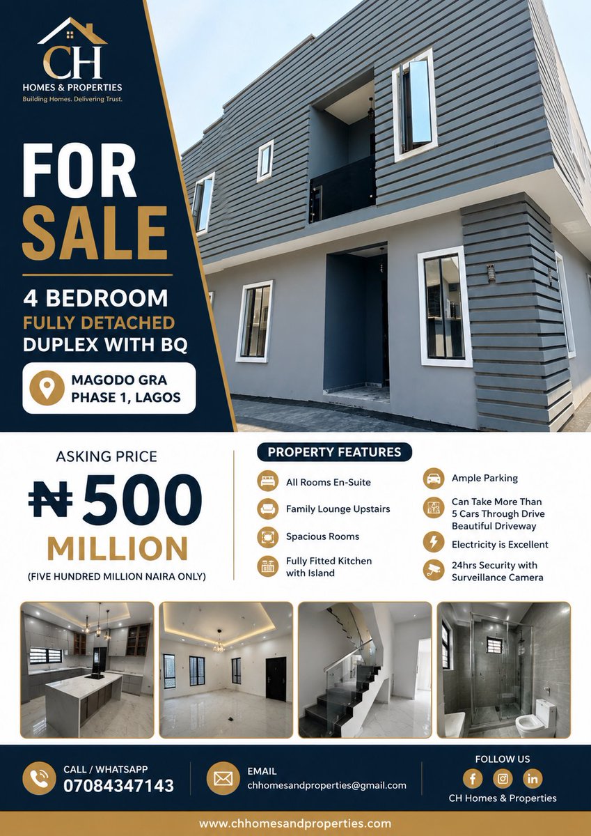 ChHomesPropNG's tweet photo. FOR SALE | Signature 4-Bedroom Luxury Detached Residence with BQ in Magodo GRA Phase 1, Lagos

Location: Magodo GRA Phase 1, Lagos
Asking Price: ₦500 Million

Contact CH Homes &amp; Properties https://t.co/eH5xEVobjp