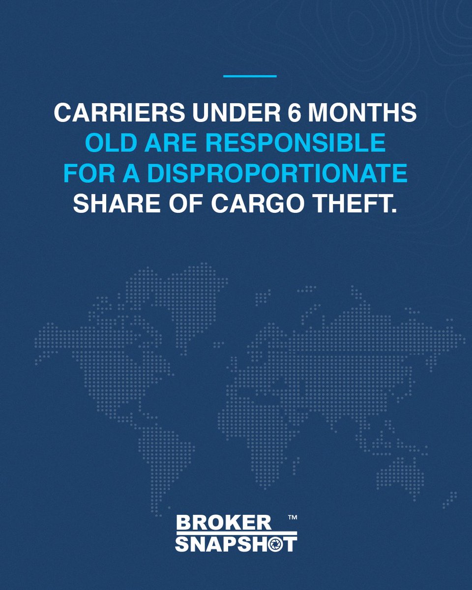 BrokerSnapshot's tweet photo. New carriers don't get flagged as often as they should.

Carriers under six months old are responsible for a disproportionate share of cargo theft. No inspection history yet. No operating pattern to compare against. And if something goes wrong, it's easy to shut down and reopen under a new name.

That doesn't mean reject every new carrier. It means look closer, especially on high-value loads.

See authority age, inspection history, and related entities at https://t.co/48IRB6ZGEL

#FreightFraud #CarrierVetting #Logistics #BrokerSnapshot