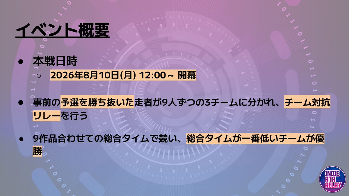 RTAinJapan's tweet photo. 2026年8月10日（月）12:00から、『RTAちゃんの夏休み』の一環として、インディーゲームを集めた駅伝形式のRTAイベント
「インディーRTAリレーF」が開催されます。
27名の走者が3チームに分かれて、チームの総合タイムで競います。

紹介記事: https://t.co/GMDDCu2cce

#インディーRTAリレー #IRRF https://t.co/y2TGyyUYwG