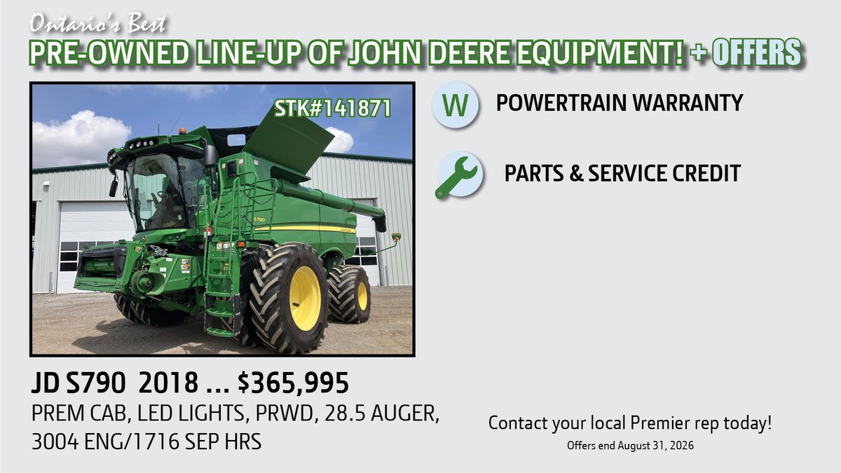 PremierEquip1's tweet photo. TRADE TUESDAY: 2028 #JOHNDEERE S790 $365,995 - Prem Cab, LED LIGHTS, PRWD, 28.5 AUGER, 3004 ENG/1716 SEP HRS
 #PremierPreowned #PremierEquip #TradeTues 
https://t.co/S52MZPP9Ny https://t.co/iWA9w0zMc9