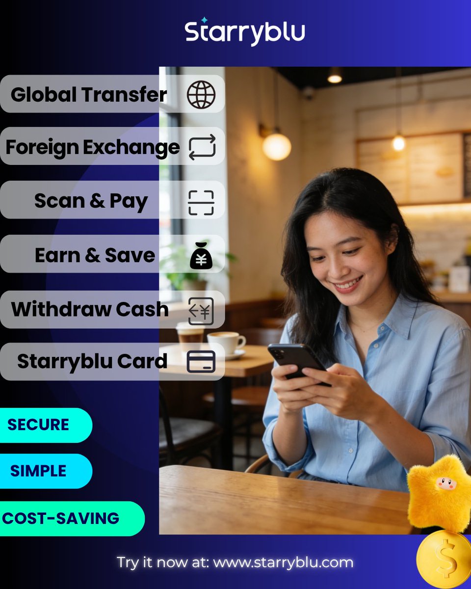 Starryblu_'s tweet photo. Life without boundaries just got easier! 🌍 

Handle all your global financial needs from one single app. Starryblu offers:

✈️ Seamless Global Transfers
💱 Competitive Foreign Exchange
💳 Easy Scan & Pay
💰 Earn & Save as you go
🏧 Global Cash Withdrawal
🛡️ Secure, Simple, and Cost-Saving

Use MWQK001 at sign-up for a S$20 cash voucher. Try now: https://t.co/JurF6myARE

Start your global journey with peace of mind.

#Starryblu #GlobalFinance #Fintech #MoneyTransfer #CurrencyExchange #SmartSaving #DigitalBanking #GlobalWallet #InternationalPayments #SecureBanking #SimpleFinance