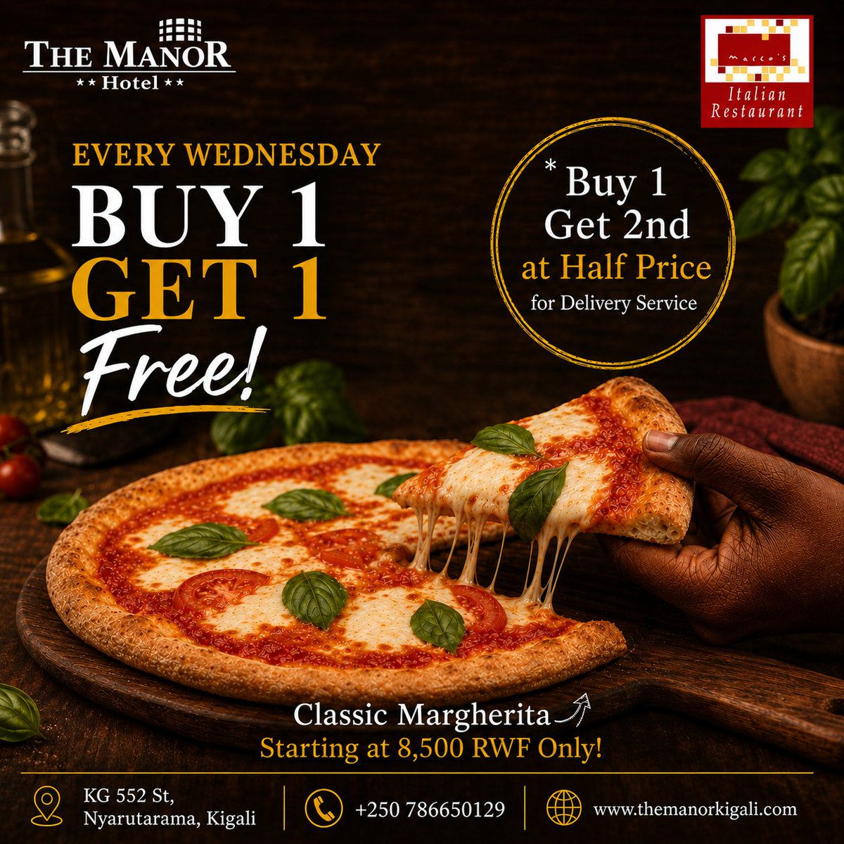 TheManorRW's tweet photo. 🍕 Treat yourself to our Classic Margherita every Wednesday at Marco’s Italian Restaurant!

Buy 1 Classic Margherita and get 1 FREE, starting from just 8,500 RWF. Prefer delivery? Buy 1 and get the 2nd at 50% OFF.

📍 KG 552 St, Nyarutarama, Kigali
📞 +250 786 650 129 https://t.co/pm2k3UoBFF