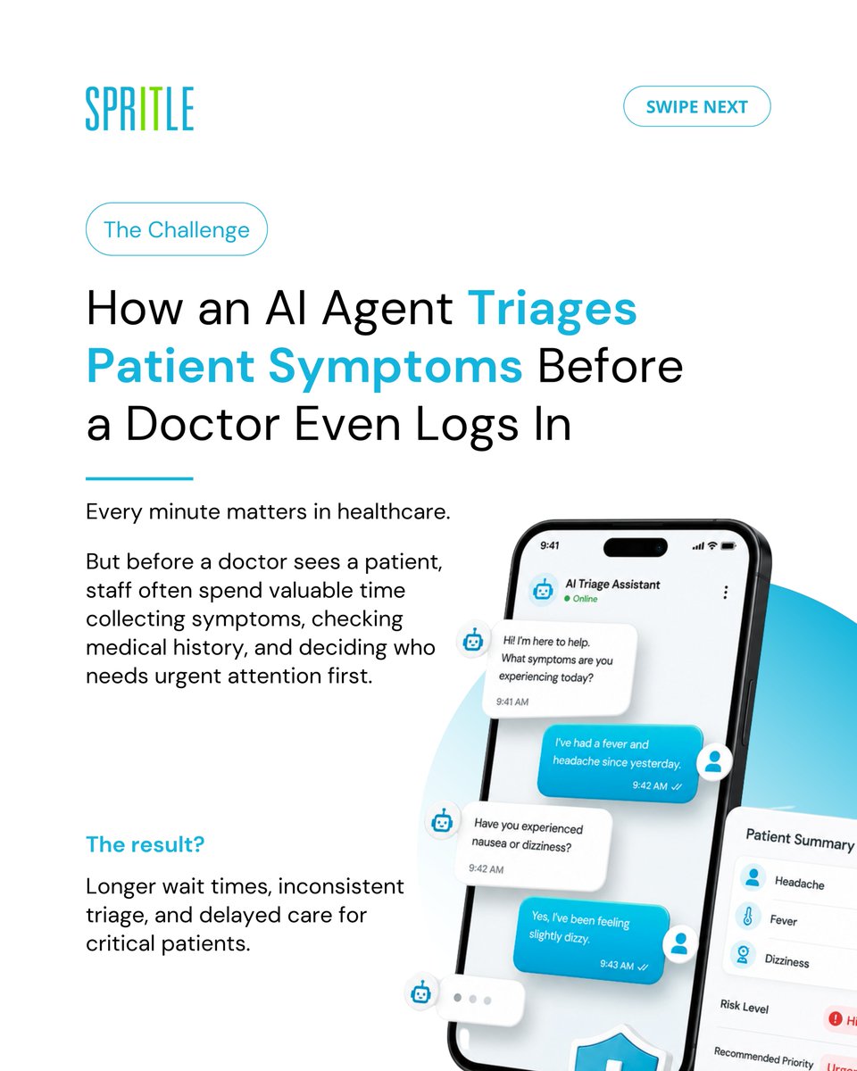 spritlesoftware's tweet photo. AI doesn't replace clinical judgment. It helps clinicians start every consultation with the right context.
Swipe through to see how the workflow comes together.
#HealthcareAI #AgenticAI #ClinicalAI #DigitalHealth #HealthcareInnovation #PatientCare #EnterpriseAI #SpritleSoftware https://t.co/OaIfqQ1UDS