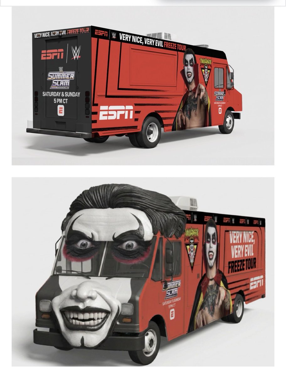 DanhausenAD's tweet photo. The Danhausen ice cream mobile thingy coming this Thursday in Minneapolis for SummerSlamhausen

No we do not have Danhausen head shaped ice cream bars with misplaced gum ball eyes 

Or Maybe we do. Who knows. https://t.co/fLUagbHWax