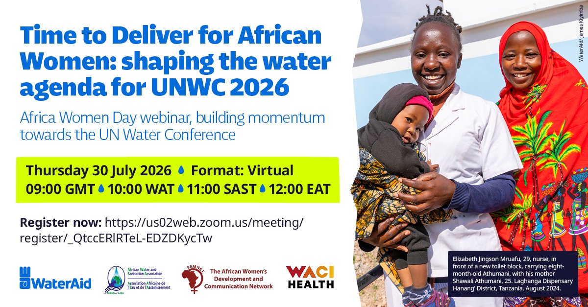 FemnetProg's tweet photo. 💧 Time to Deliver for African Women!

Water is more than a basic need—it is a matter of justice, equality, dignity, and sustainable development. As the world prepares for the 2026 UN Water Conference (UNWC2026), African women must be at the centre of efforts to shape the global water agenda.

Join us for an engaging webinar that will bring together advocates, policymakers, practitioners, and civil society leaders to amplify African women's voices, share experiences, and build momentum towards a more inclusive and equitable water future.

📅 Date: Thursday, 30 July 2026
🕘 Time: 09:00 GMT | 10:00 WAT | 11:00 SAST | 12:00 EAT
💻 Format: Virtual
🔗 Register today: https://t.co/Mg1CUlDElb

Let's shape the future of water governance together by ensuring African women's leadership, lived experiences, and solutions inform the decisions that matter.
#UNWC2026 
#WaterJustice 
#GenderEquality