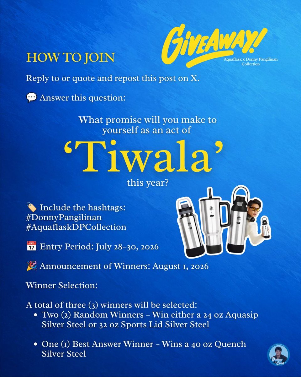 DONNYC0RE's tweet photo. GIVEAWAY ALERT 🤩

Win one of Donny’s very own #AquaflaskPH Design by answering the question in the mechanics ❤️

As Donny intends, let’s carry “TIWALA” in every sense with us.

REPLY ON THIS TWEET AND USE THE HTs! 

#DonnyPangilinan
#AquaflaskDPCollection https://t.co/kZsloRDzdU