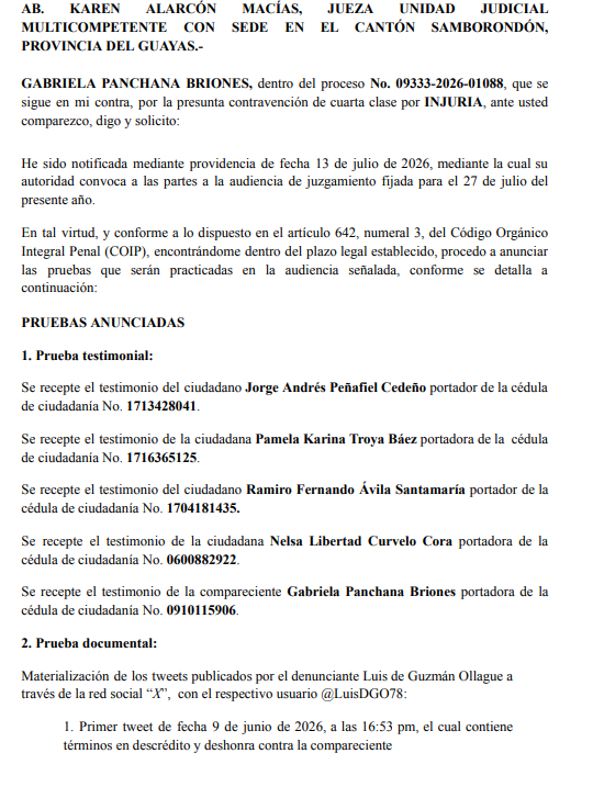 andresantosec's tweet photo. Gabriela @EnVozAlta, 

Leí tu comunicado y me llamó la atención tu caso. Revisé las actuaciones judiciales que son públicas y hay algo importante que todos deben saber: tú no estás diciendo la verdad.

1. Sobre la fecha de la citación
Dices que te citaron “la semana pasada”. 
Eso es falso. Te citaron por boleta los días 14, 15 y 16 de julio. Eso fue hace dos semanas, no la semana pasada. 

¿Por qué no estás diciendo la verdad? ¿Acaso quieres crear una narrativa a conveniencia?

2. Sobre el "tiempo record". 
El COIP es claro: en procesos expeditos, el Art. 642 numeral 2 obliga al juez a señalar audiencia dentro de un plazo máximo de 10 días desde que conoce la denuncia. 

El juez conoció la denuncia el 10 de julio y convocó la audiencia para el 27 de julio: 17 días después, 7 más de lo que la ley permite.  

Una cosa es un procedimiento penal ordinario para casos de crimenes graves, otra distinta es el trámite expedito que la propia ley acorta sus plazos. 

Pero ... ¿sabes que es lo que más me llama atención? 

Que en los 3 escritos que presentaste con tu abogado el 22, 23 y 27 de julio, en ningún momento te quejaste que estás siendo procesada en "tiempo record", tampoco impugnaste la fecha fijada para la audiencia,  ni siquiera solicitaste diferimiento de la misma alegando indefensión. Por el contrario, aceptaste la fecha y anunciaste tus pruebas de defensa. 

¿Crees que nadie se va tomar la molestia de verificar? Con el acceso público a la información no se puede tapar el sol con un dedo. No existe el derecho a desinformar. 

¿Tu no defendías la independenca judicial? ¿o solo es cuando la justicia te favorece? 

Una cosa es opinar y discutir, y hasta en fuertes términos, por motivos políticos e ideológicos, pero muy distinta es desacreditar a una persona INOCENTE con que es un "matón" o "extorsionador".

Eso no es libertad de expresión y te recuerdo que tampoco existe el derecho a mentir. 

FIRMES POR ECUADOR🇪🇨